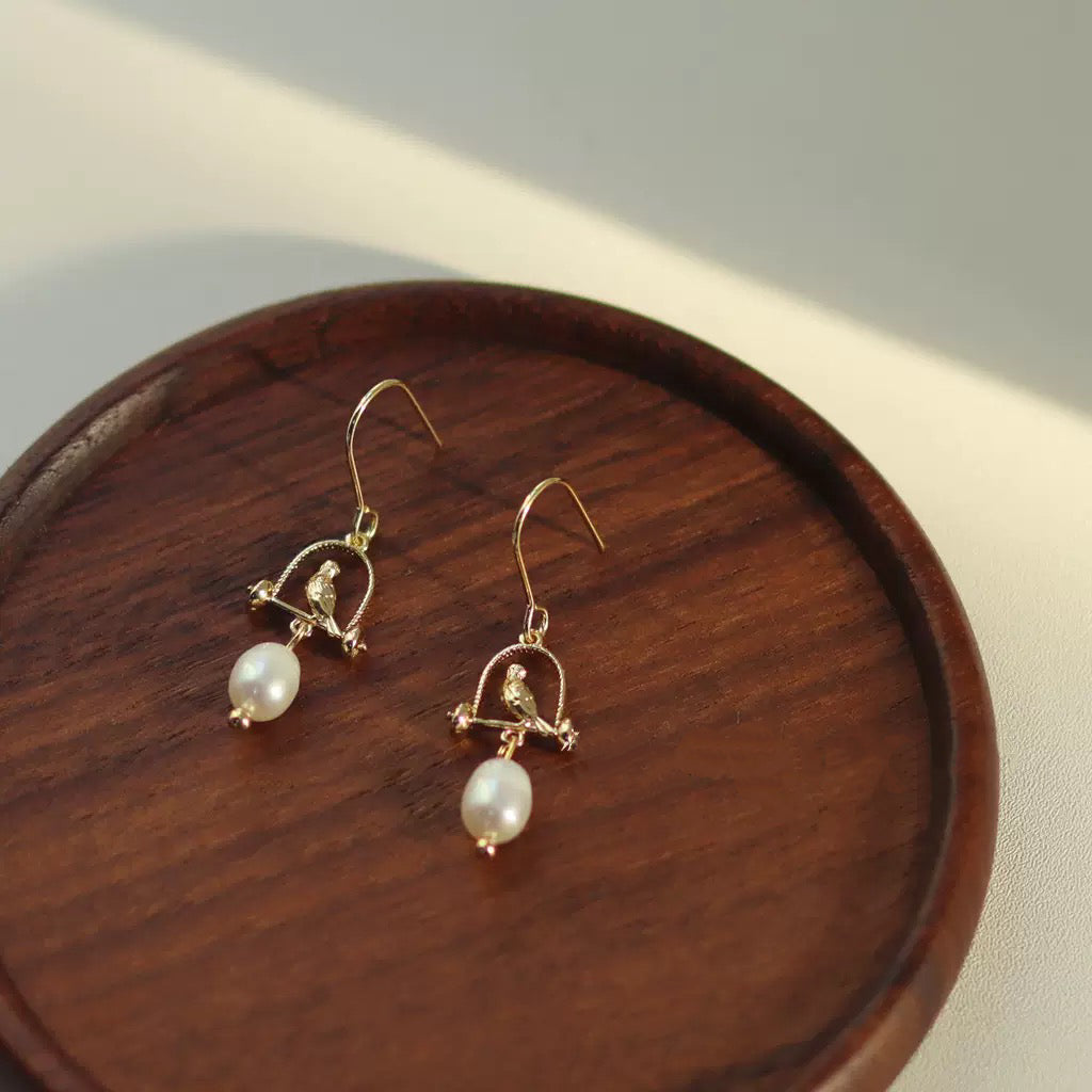 Vintage-Style Bird & Pearl Earrings | Unique Freshwater Pearls