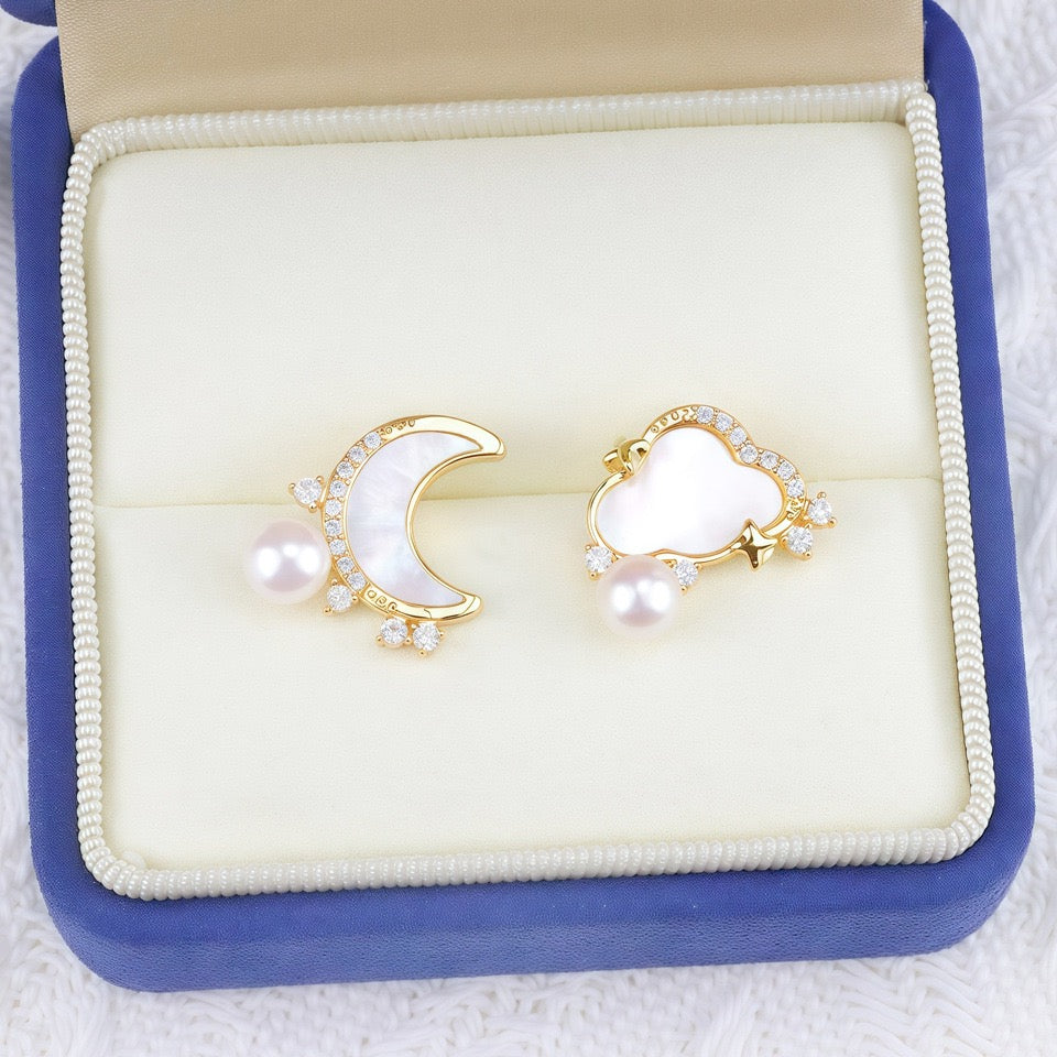 925 Silver Freshwater Pearl Earrings – Moon & Cloud Dreamscape