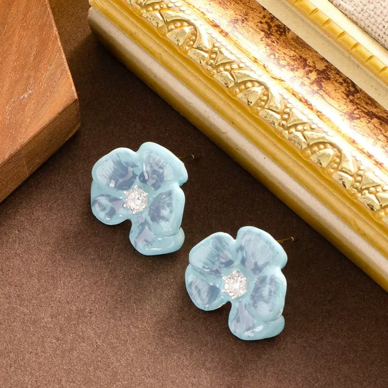 Blue Enamel Pansy Studs