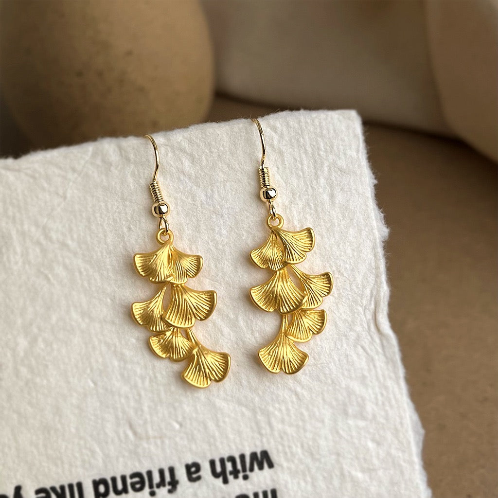 Golden Ginkgo Leaf Dangle Earrings