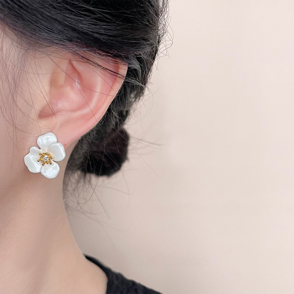 White Orchid Enamel Earrings