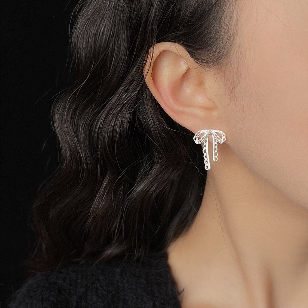 Silver Bow & Ribbon Earrings