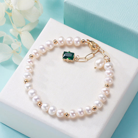 Freshwater Pearl Bracelet with Green Gem Charm