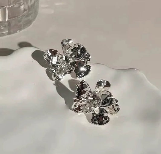 Silver Liquid Metal Floral Stud Earrings