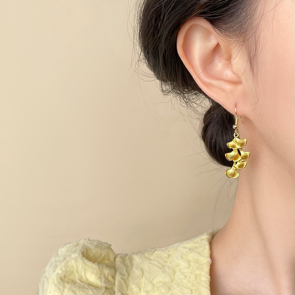 Golden Ginkgo Leaf Dangle Earrings
