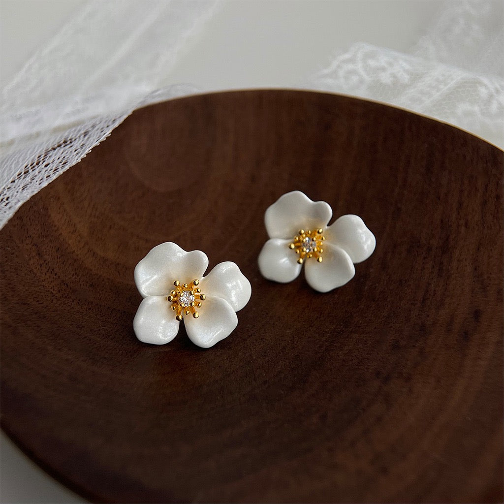 White Orchid Enamel Earrings