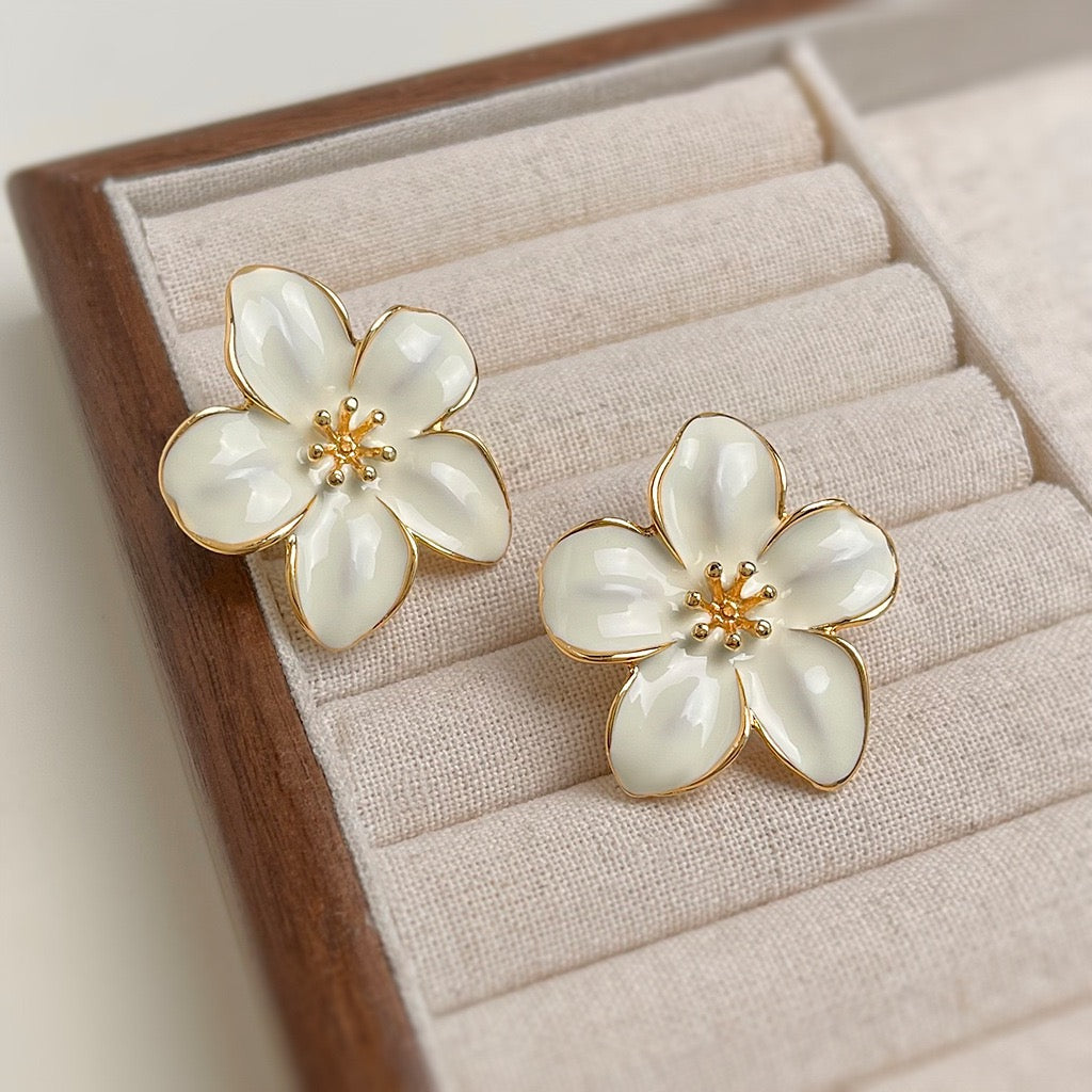White Blossom Enamel Earrings