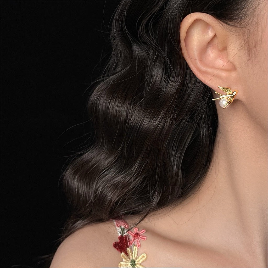 Flying Swallow Pearl Studs