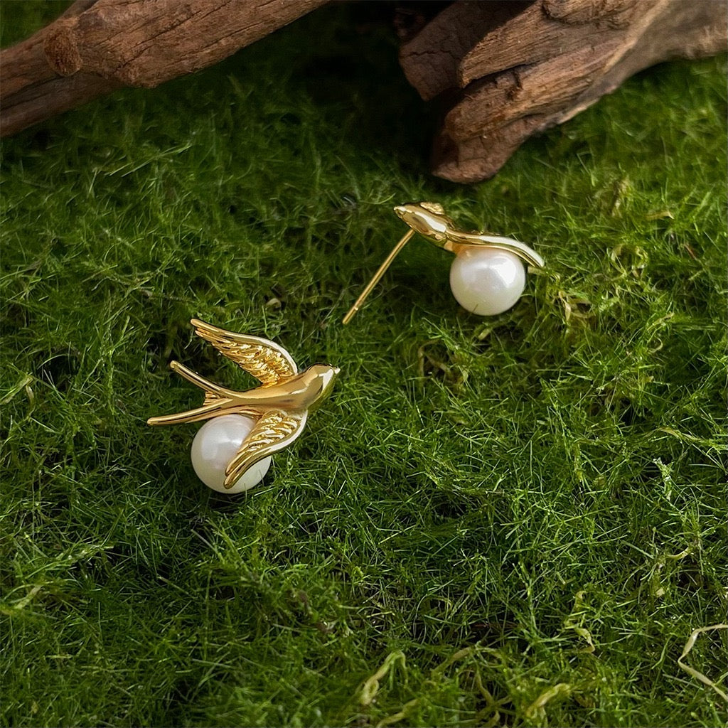 Flying Swallow Pearl Studs
