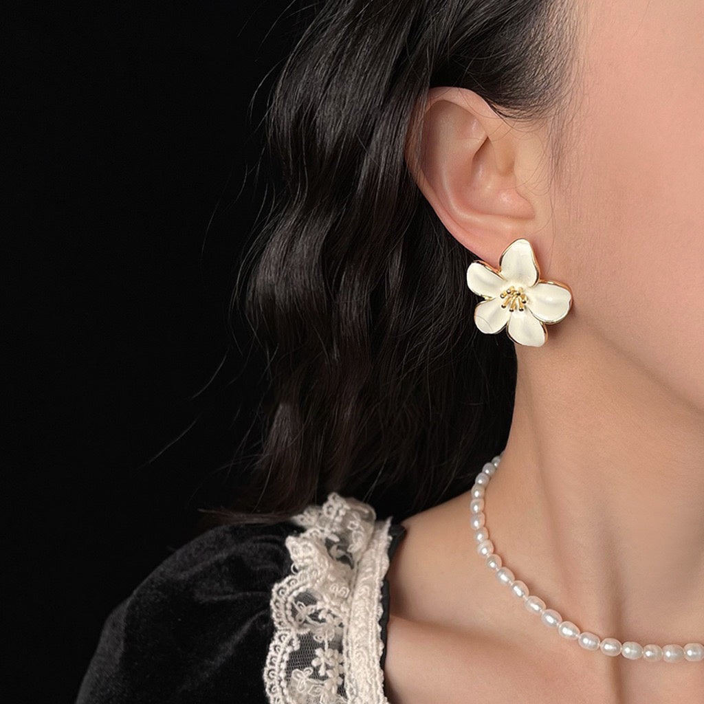 White Blossom Enamel Earrings