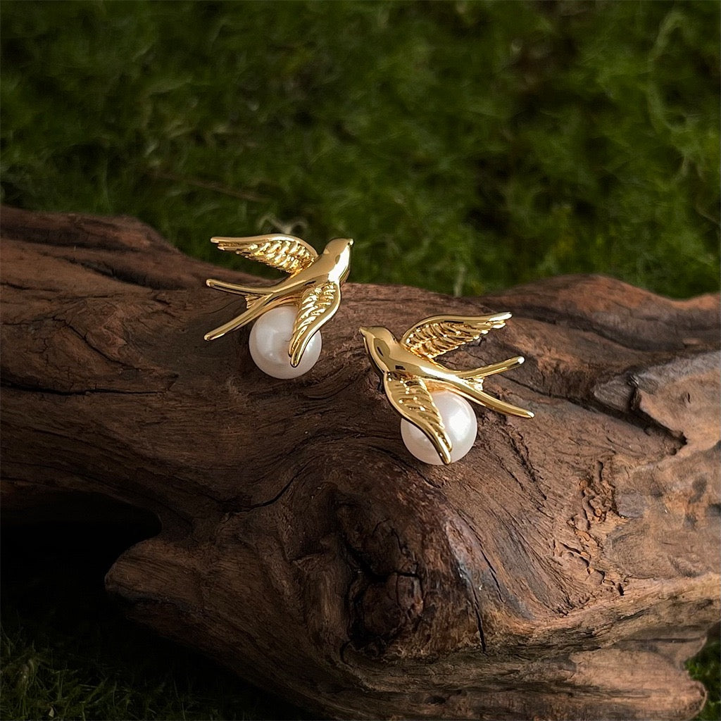 Flying Swallow Pearl Studs