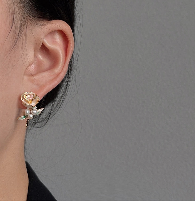 Rose Bloom Earrings with Freshwater Pearls