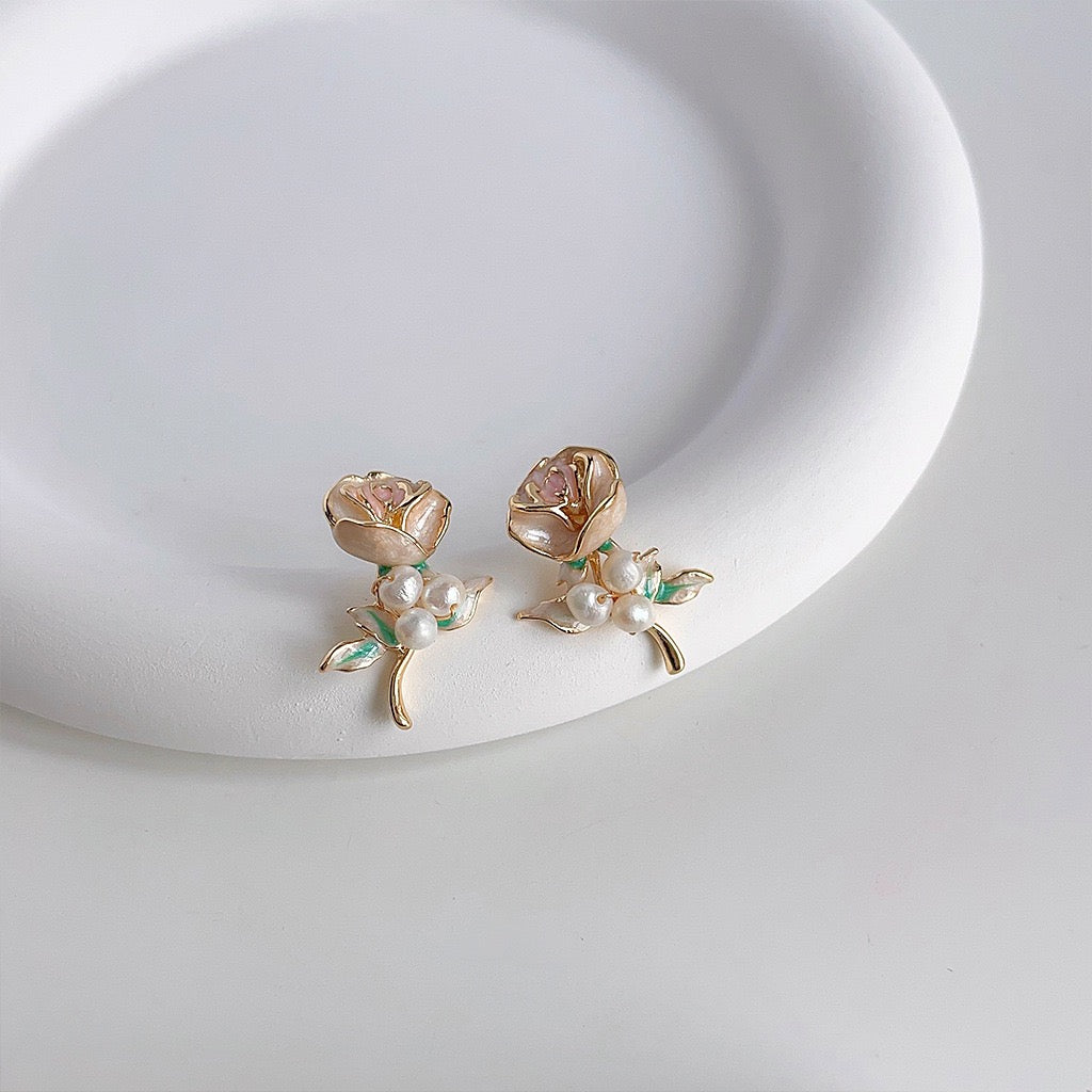 Rose Bloom Earrings with Freshwater Pearls