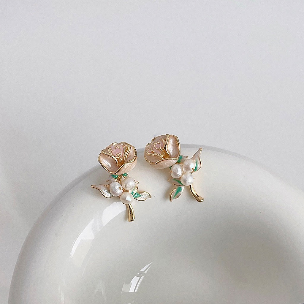 Rose Bloom Earrings with Freshwater Pearls