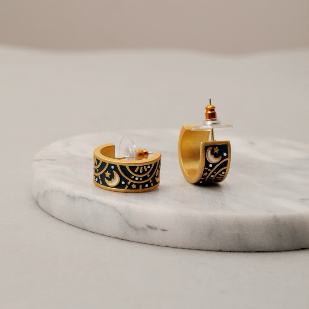 Hand-Glazed Enamel Hoop Earrings ｜ Celestial Rhythm in Cloisonné