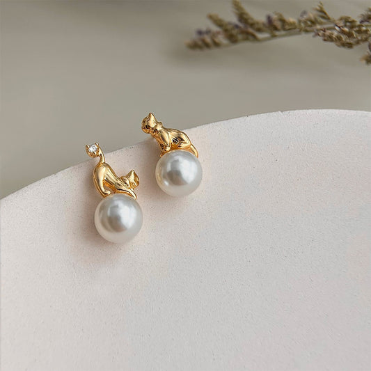 Asymmetrical Cat & Pearl Studs